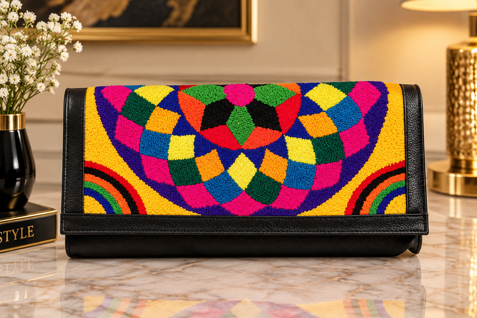 Bolso en Cuero Vacuno con Tapizado Wayuu