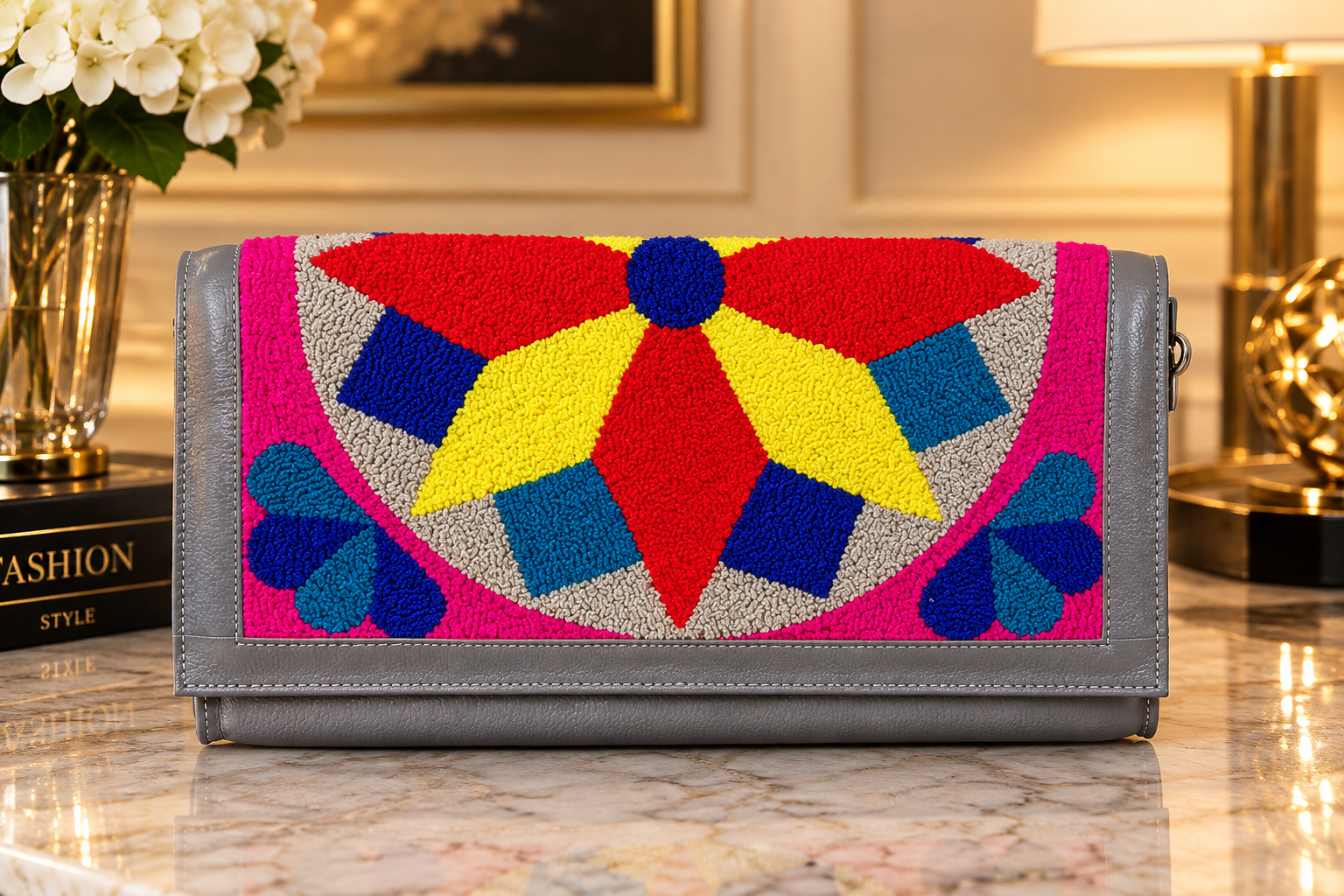 Bolso en Cuero Vacuno con Tapizado Wayuu