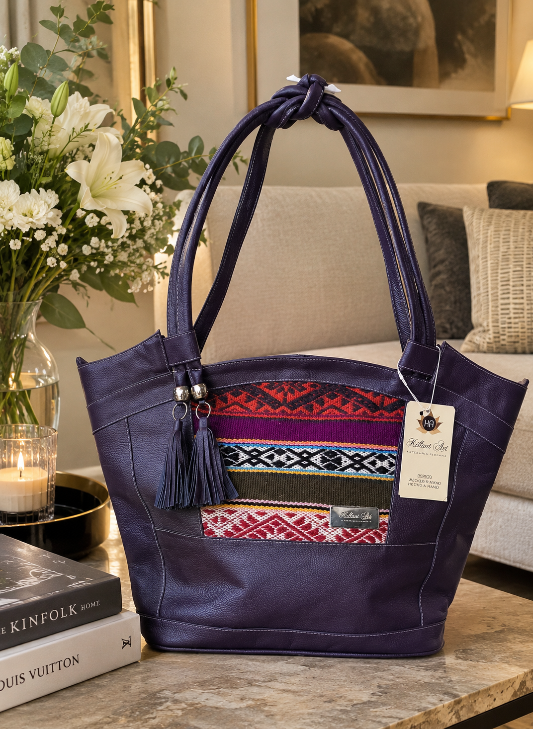 Bolso de cuero con tejido cusqueño